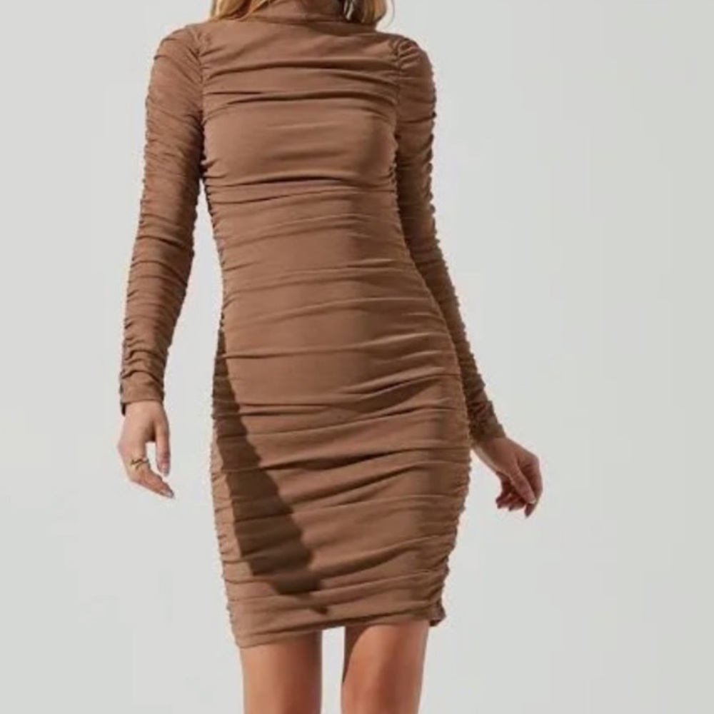 Astr The Label Nude Tan Ruched Mock Neck Sexy Long Sleeve Tight Bodycon Dress XS